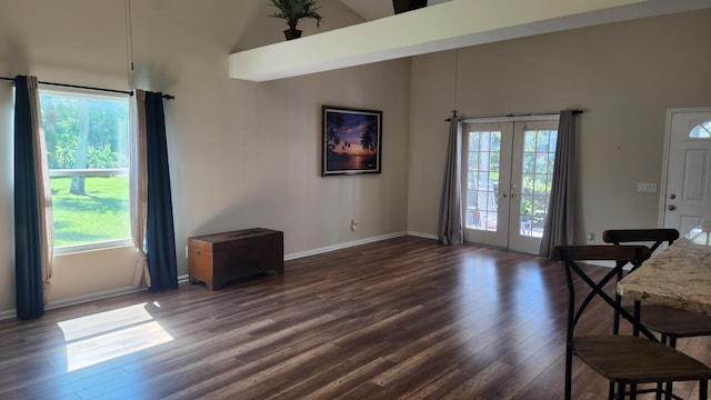 dining area featuring high vaulted ceiling, a healthy amount of sunlight, dark hardwood / wood-style flooring, and french doors