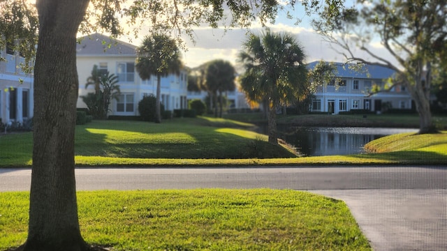 view of property's community with a lawn and a water view