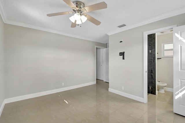 spare room featuring light tile patterned floors, a textured ceiling, ceiling fan, and crown molding