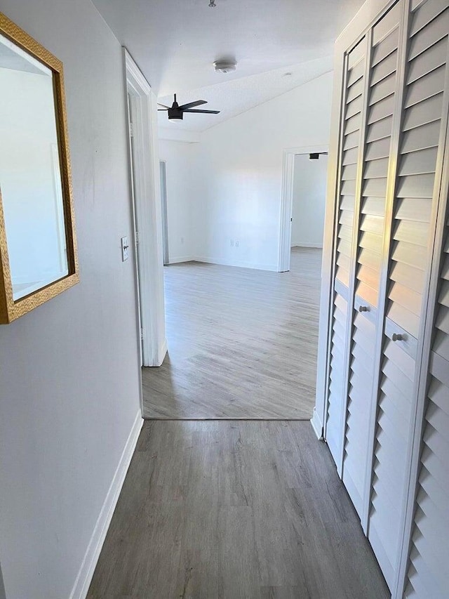 corridor featuring wood-type flooring and vaulted ceiling