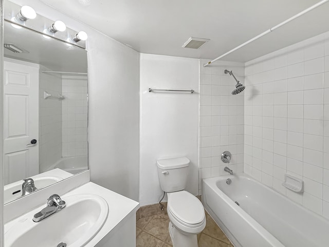 bathroom featuring tile patterned flooring, toilet, shower / bath combination, vanity, and visible vents