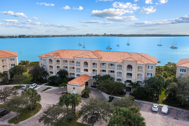 aerial view featuring a water view