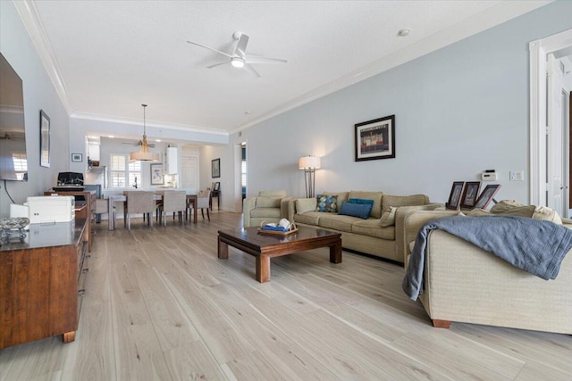 living room featuring crown molding, light hardwood / wood-style flooring, and ceiling fan