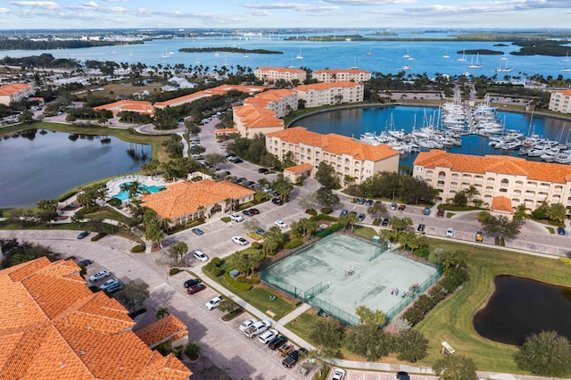 bird's eye view with a water view