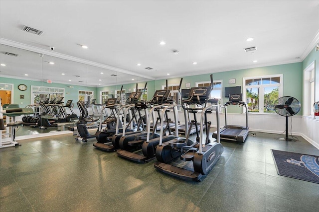 workout area with ornamental molding