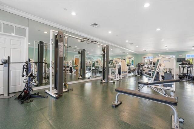 exercise room with ornamental molding and a healthy amount of sunlight