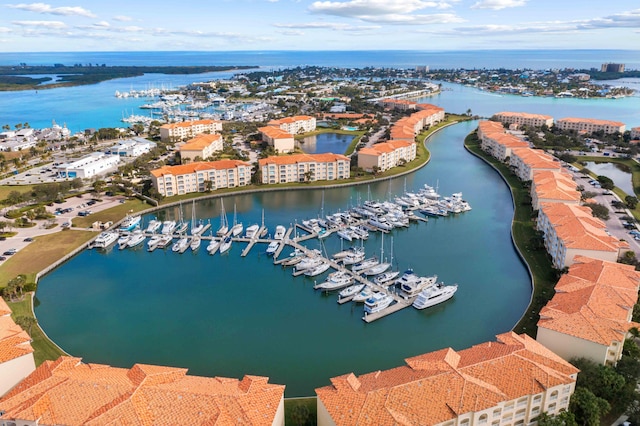 drone / aerial view with a water view