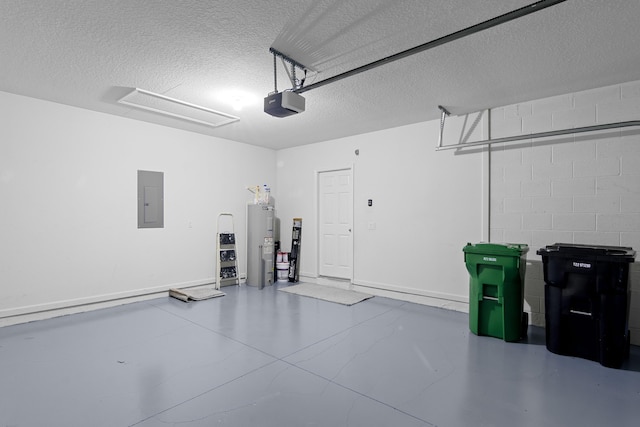 garage featuring electric water heater, electric panel, and a garage door opener