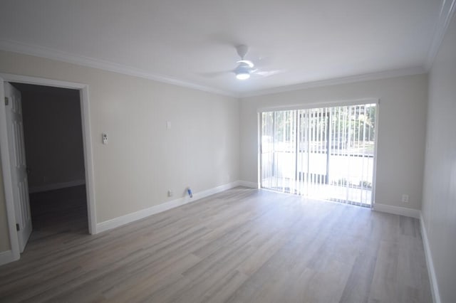 unfurnished room featuring wood-type flooring, ceiling fan, and ornamental molding