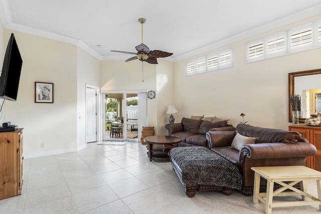 tiled living room featuring ceiling fan and ornamental molding