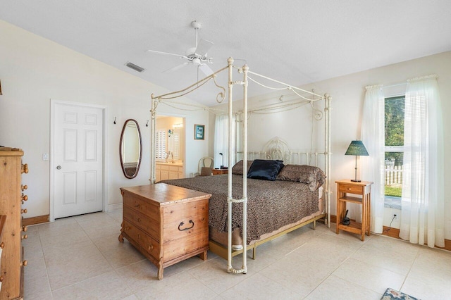 bedroom with ceiling fan and vaulted ceiling