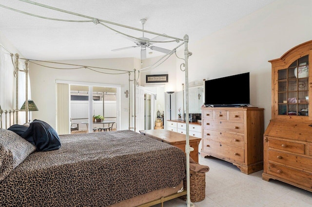 bedroom with a textured ceiling, access to outside, vaulted ceiling, and ceiling fan