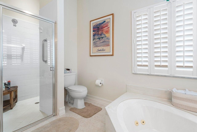 bathroom with tile patterned floors, toilet, and independent shower and bath