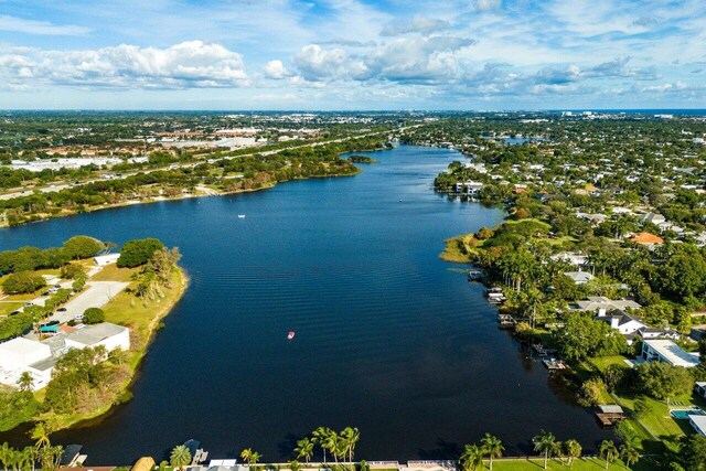 drone / aerial view featuring a water view