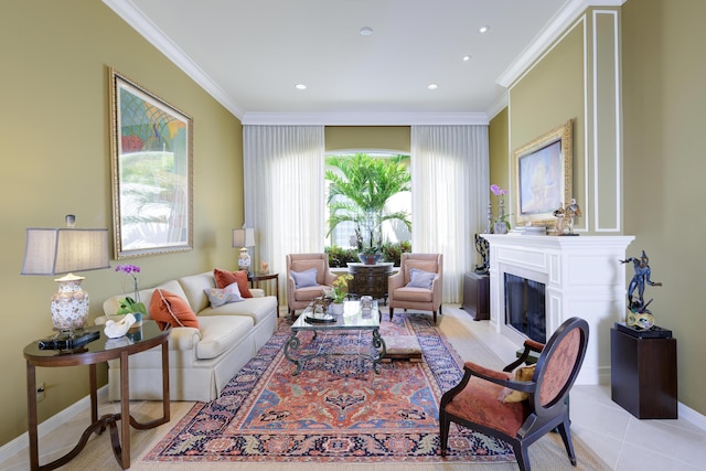 tiled living room featuring crown molding