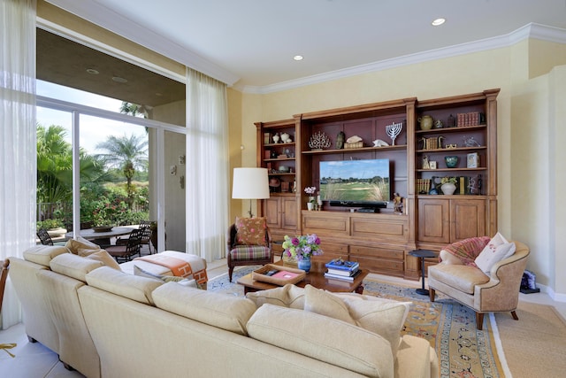 living room featuring ornamental molding