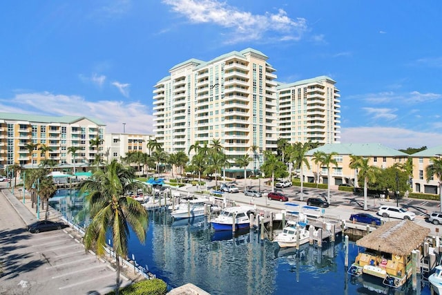 view of building exterior featuring a water view