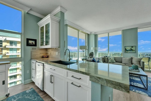 kitchen with backsplash, white cabinetry, sink, and light stone countertops