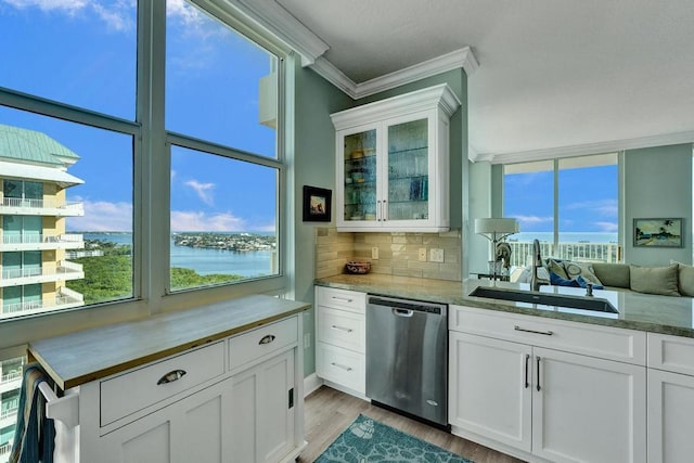 kitchen with white cabinetry, dishwasher, a healthy amount of sunlight, and sink