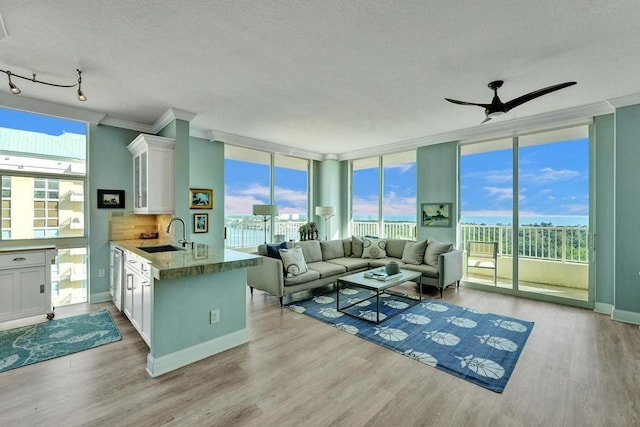 living room featuring floor to ceiling windows, sink, light hardwood / wood-style flooring, ceiling fan, and a textured ceiling