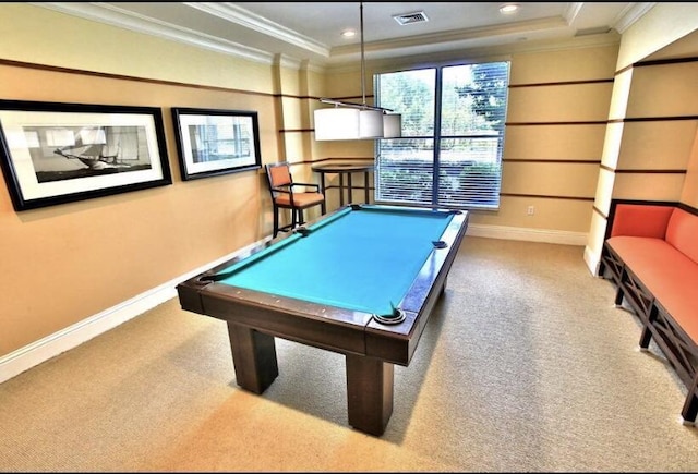 game room featuring carpet flooring, a tray ceiling, ornamental molding, and pool table