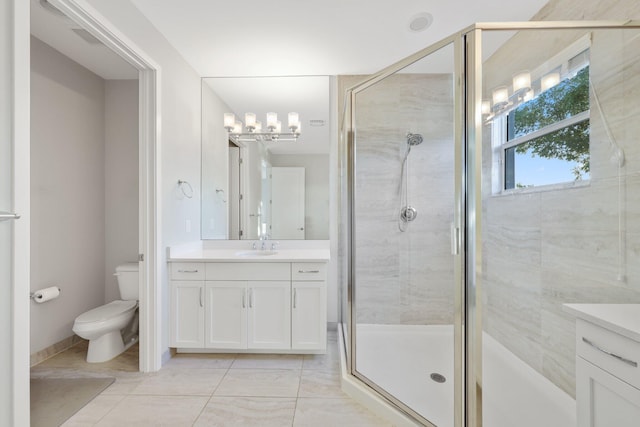 full bathroom with toilet, a shower stall, and vanity