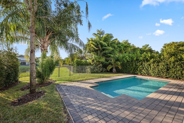 view of swimming pool featuring a patio area, a fenced in pool, fence, and a lawn