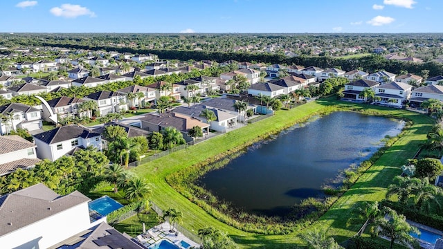 bird's eye view featuring a water view and a residential view