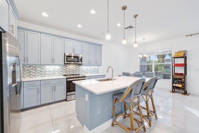 kitchen featuring decorative light fixtures, stainless steel appliances, tasteful backsplash, an island with sink, and sink