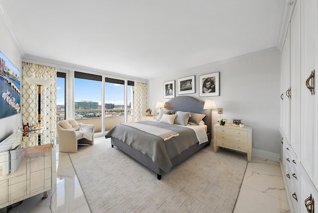 bedroom with a wall of windows and ornamental molding