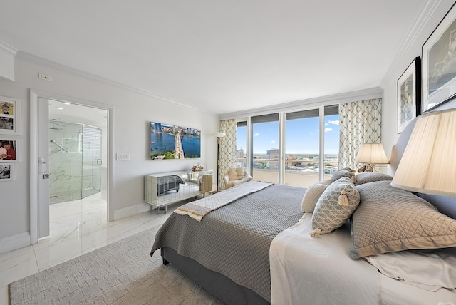 bedroom with access to outside, ensuite bathroom, and ornamental molding