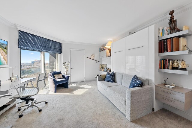 carpeted living room with ornamental molding