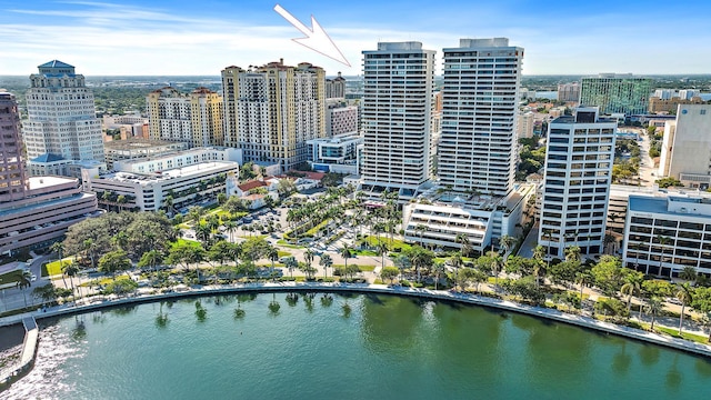 aerial view featuring a water view