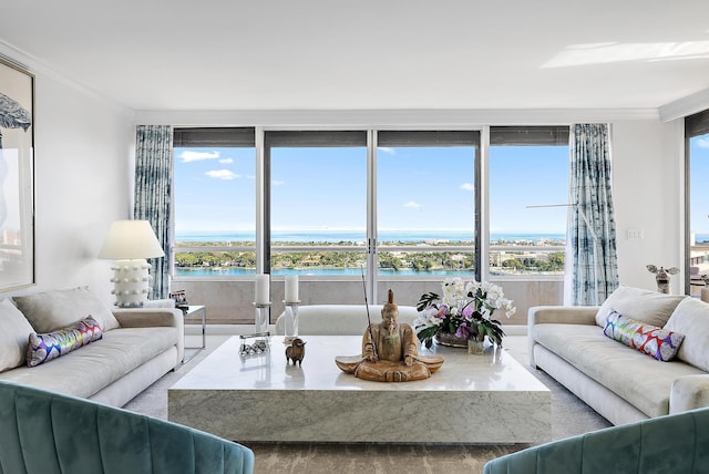 living room featuring a water view and crown molding