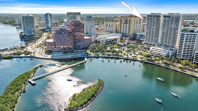 drone / aerial view with a water view