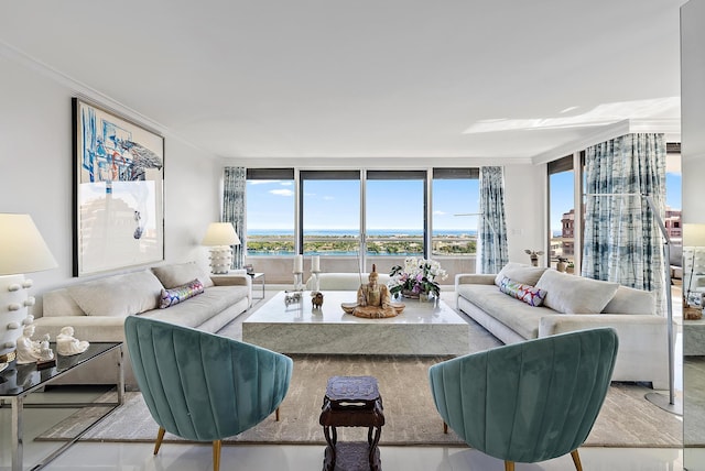 living room with expansive windows, a water view, crown molding, and a wealth of natural light