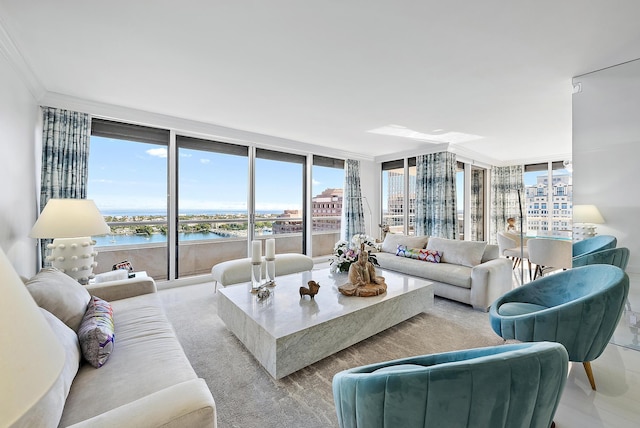 living room featuring a water view, a wall of windows, and crown molding