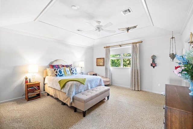 carpeted bedroom with ceiling fan, ornamental molding, and lofted ceiling