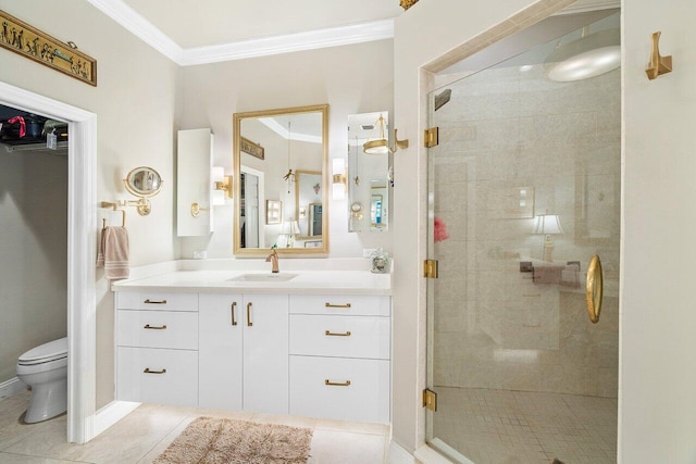 bathroom featuring vanity, tile patterned floors, crown molding, toilet, and an enclosed shower