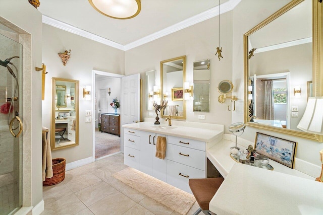 bathroom featuring tile patterned flooring, vanity, and crown molding