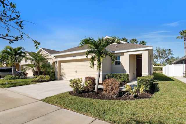 ranch-style home with a front yard and a garage