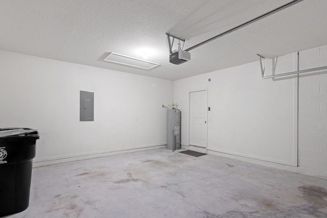 garage featuring a garage door opener, electric panel, and water heater