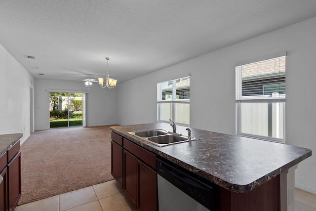 kitchen featuring light carpet, a textured ceiling, stainless steel dishwasher, and sink