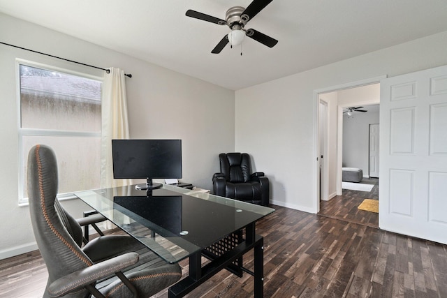 home office featuring ceiling fan and dark hardwood / wood-style flooring