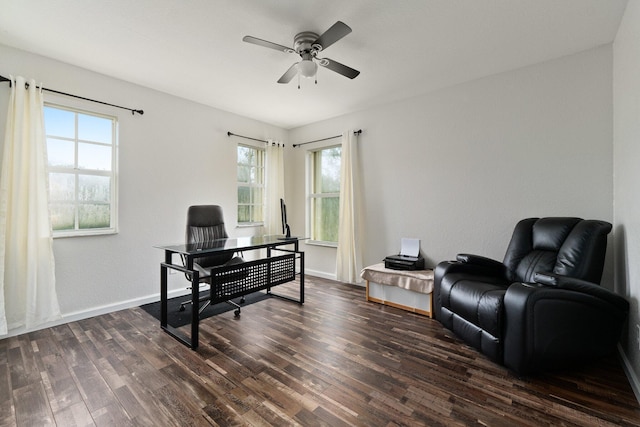 office area featuring dark hardwood / wood-style flooring and ceiling fan