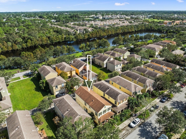 drone / aerial view featuring a water view