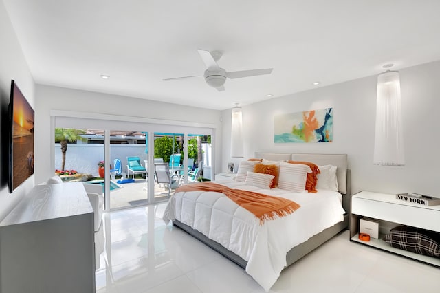 tiled bedroom featuring ceiling fan and access to exterior