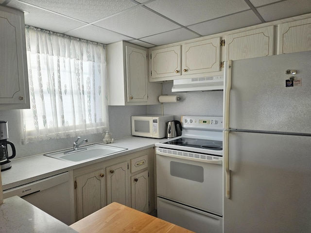 kitchen with white appliances, a paneled ceiling, and sink