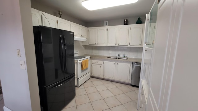 kitchen with black fridge, sink, stainless steel dishwasher, white range with electric stovetop, and white cabinetry