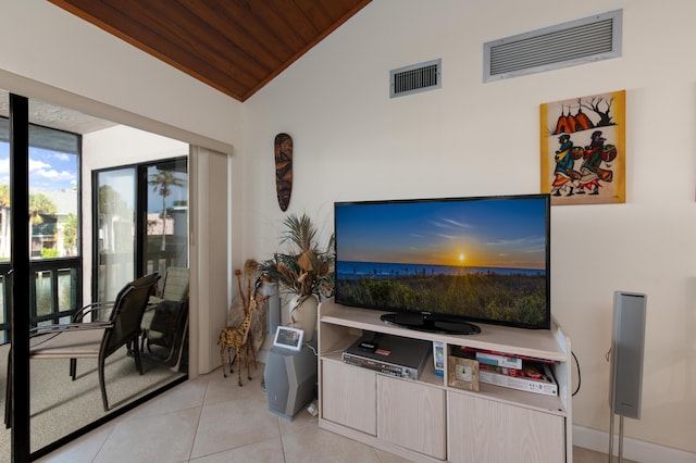 2400 S Ocean Dr Unit 6523, Fort Pierce, FL 34949 - living area with lofted ceiling, light tile patterned floors, wood ceiling, and visible vents